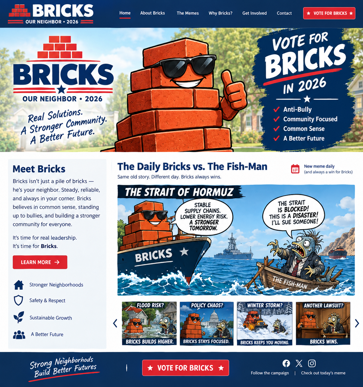 Bricks campaign artwork with the Bricks character and campaign messaging